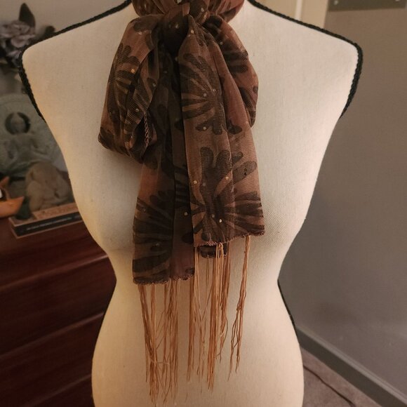 Elegant Copper Silk and Velvet Palm Print Scarf - Picture 6 of 8